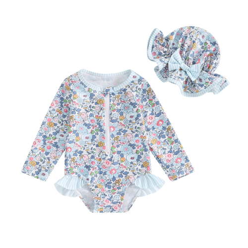 Elippeo Baby Girl Rash Guard Swimsuit 6 9 12 18 24 Months 3 Years Long Sleeve Floral Print Bathing Suit Infant Swimwear with Bowknot Sun Hat