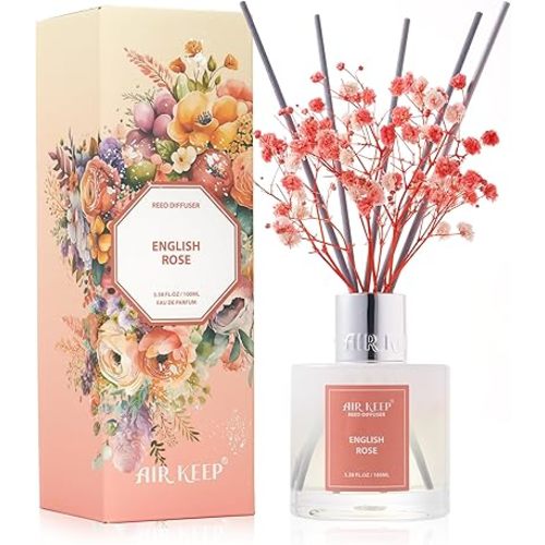 Airkeep Reed Diffuser Set,3.38 fl oz (100 ml) - English Rose Oil Diffusers with 8 Reed Sticks, Home Fragrance Reed Diffuser for Bathroom Shelf Decor