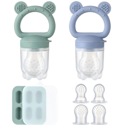 2 Pack Silicone Baby Fruit Feeder with Mini Freezer Tray, Baby Teethers, Breastmilk Popsicle Molds for Baby Teething Relief, Fresh Food Feeder for Safe Infant Self Feeding, Extra Food Pouches