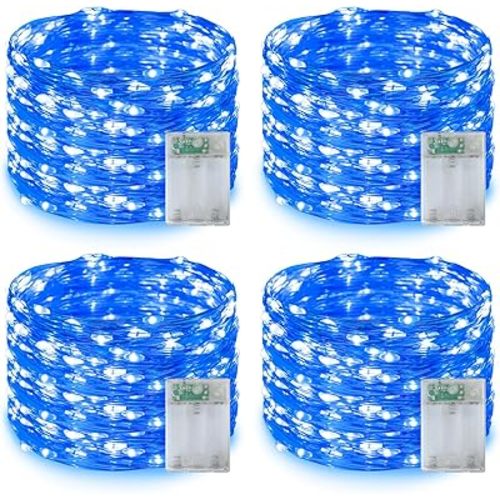 QITONG Blue Fairy Lights Battery Operated, 4 Pack Each 16ft 50 LED Outdoor String Lights, Silver Wire Mini Twinkle Light Indoor