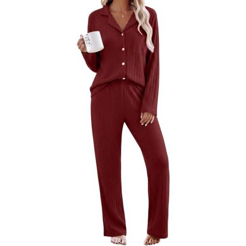Ekouaer 2 Piece Pajamas Sets for Women Long Sleeve Ribbed Knit Loungewear