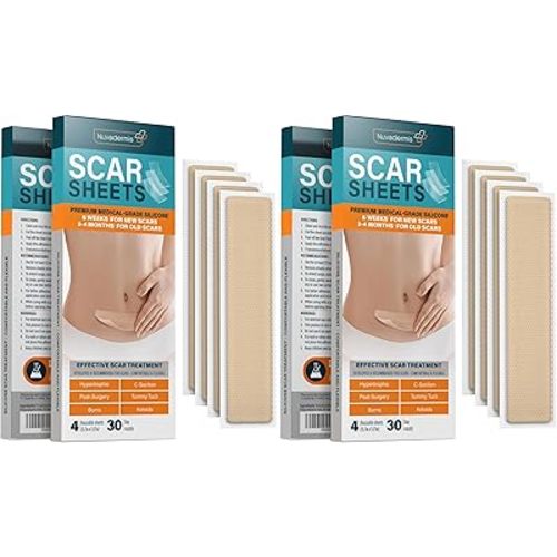 NUVADERMIS Silicone Scar Sheets - Extra Long Scar Sheets for C-Section, Tummy Tuck, Keloid, and Surgical Scars - Reusable Medical Grade Silicone Scar Sheets - Pack of 8 - Light Tone