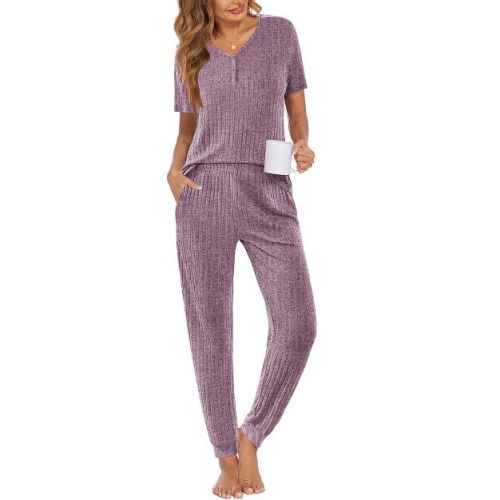 Ekouaer Pajamas for Women Set 2 Piece Rib Knit Lounge Set Joggers Loungewear Short Sleeve Pjs with Pockets Purple S