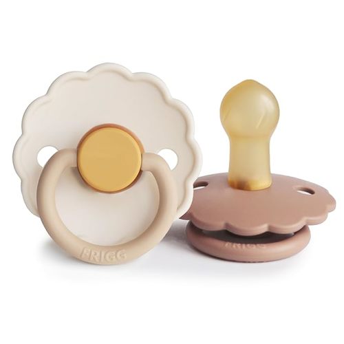 FRIGG Daisy Natural Rubber Baby Pacifier | Made in Denmark | BPA-Free (Chamomile/Peach Bronze, 0-6 Months) 2-Pack