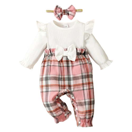 CAICJ98 Newborn Infant Baby Girl Clothes Fall Winter Plaid Long Sleeve Jumpsuit One Piece Romper Bodysuit Baby Overalls Outfits Pink,Size 6-9 Months