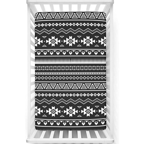 Aztec Themed Fitted Crib Sheet,Standard Crib Mattress Fitted Sheet Toddler Bed Mattress Sheets-Baby Sheet for Boys Girls, 28“ x52“,Black White