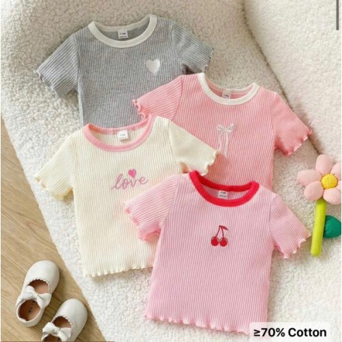 SHEIN Playful Pals 4-Pack Baby Girl Casual And Versatile Cute Embroidered Short-Sleeved Tops Made Of Soft, Pitted Texture Fabric That Is Skin-Friendly And Breathable, Paired With Cute Floral-Edged Cuffs And Hem, Available In Four Colors: Gray, Pink, Off-W