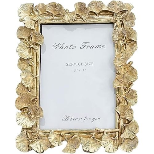 1PCS 5X7 Inch Ginkgo Leaves Decoration Photo Frame Vintage Photo Frame Resin Picture Frame for Home Decor Old Fashioned Gorgeous Photo Gallery Art Decor (Gloden)