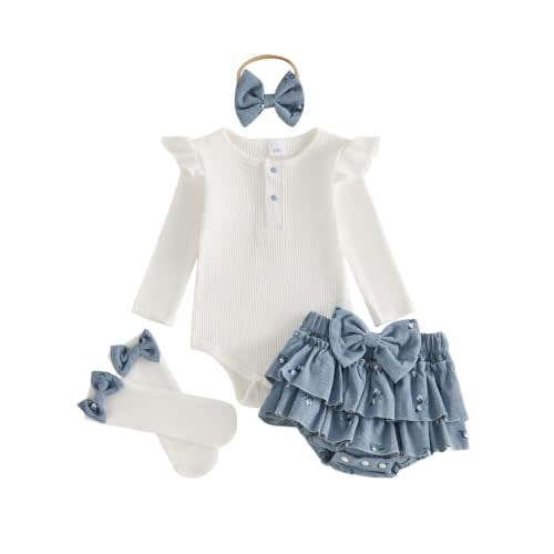 Baby Girl 3 Piece Outfit Ruffle Bodysuit Skirt | Baby Girl Fall Winter Outfits Newborn Infant Romper Ruffle Sleeves Houndstooth Skirt + Leg Warmers + Matching Headband Set