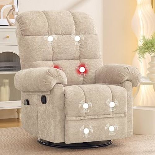 Korser 360° Swivel Rocker Recliner Chair, Rocking Chair Nursery with Massage and Heat, Small Recliners for Small Space, Manual Reclining Chair with Cozy Chenille Fabric, Side Pockets for Living Room