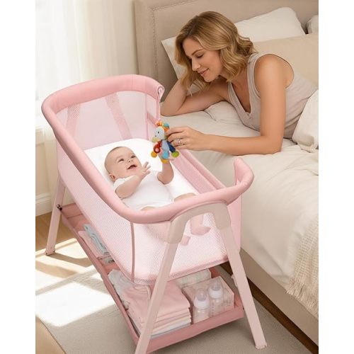 Baby Bassinet, Bedside Bassinet for Baby, Bassinet Bedside Sleeper with Mattress, Storage Basket and 4 Auto-Lock Wheels, Full-Mesh Sides, Bedside Mini Crib for Newborn (Pink)