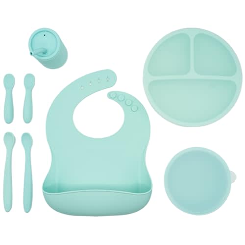 WeeSprout Baby Led Weaning Bundle, Silicone Suction Bowl, Spoons, Bib & Cup, Develops Self Feeding Skills, Dishwasher Safe (Mint)