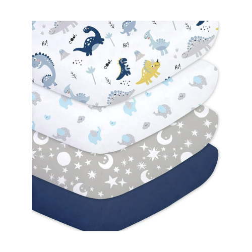 Little Grape Land Crib Sheets for Baby Boys 4 Pack, 28"x 52" Extra Soft Microfiber Crib Sheet Set for Standard Crib & Toddler Mattress Pad, Dinosaur & Elephant & Stars & Navy Blue