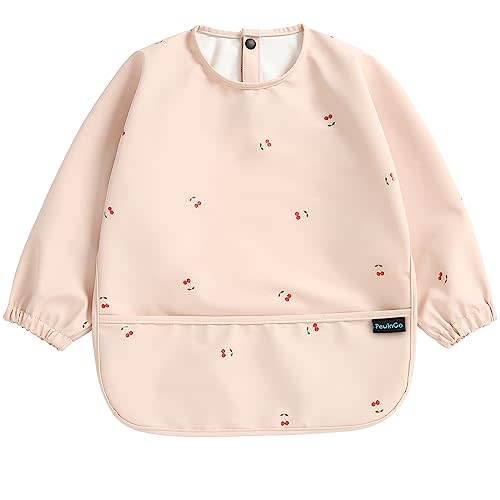 PewinGo Baby Bibs with Long Sleeve Bib & BLW, Coverall Bibs for Baby Feeding, PU Soft and Skin-Friendly Material, Machine Washable, Waterproof and Easy to Clean, Baby Infant Toddlers (Pink)