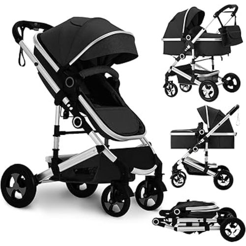 Convertible Baby Stroller, 3 in 1 Folding Infant Stroller, High Landscape Pushchair w/Adjustable Backrest & Canopy, Newborn Pram with Foot Cover, Storage Basket, Black