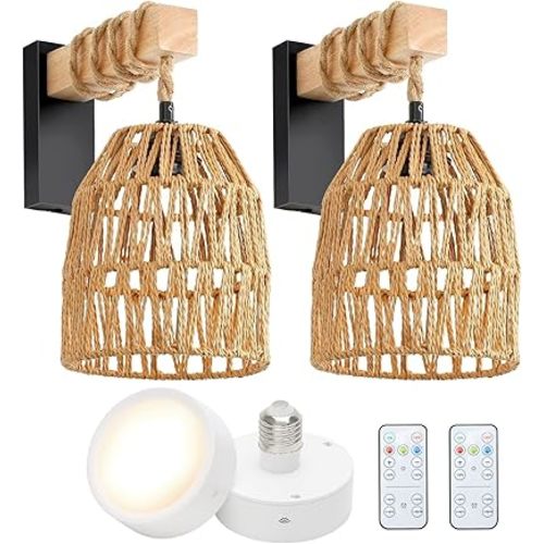 Battery Operated Wall Sconce, Boho Wall Sconces Battery Operated Set of 2, Rattan Battery Wall Sconce with Remote Control, Wireless Wall Light for Bedroom, Living Room, Entryway