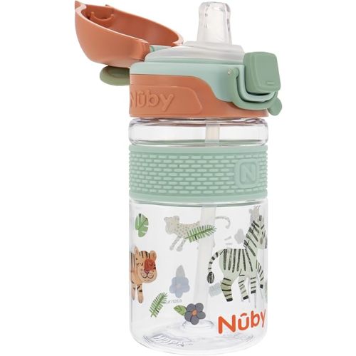 Nuby Thirsty Kids Flip-It Bolt Toddler Cup with Push-Button Locking Flip-Top and Silicone Spout - 12 oz - Easy-Grip and Spill-Resistant - 18+ Months - Safari
