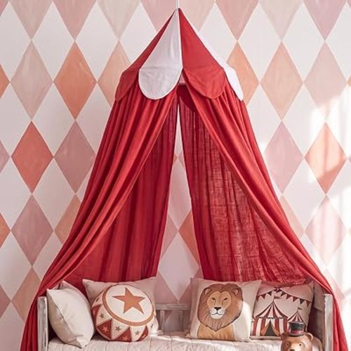 Bed Canopy with Scalloped Edge, 2 Panel Striped, Red