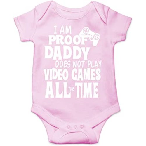 NIANWUDU I Am Proof Daddy Does Not Play Video Games All The Time - Funny Cute Infant, One-Piece Baby Bodysuit (Pink, 6 Months)