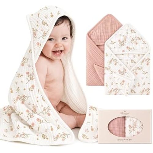 Konssy 2-Pack 100% Muslin Cotton Hooded Baby Bath Towels for Boys and Girls