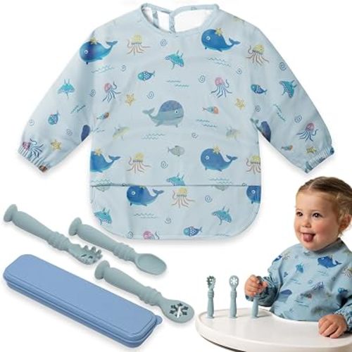 Bornealand® Baby Long Sleeve Bib - Baby Spoons 4 Months and Travel Case – Smock Bibs for Babies - Gender Reveal Gift - New Mom Gift Basket - Newborn Gift Set