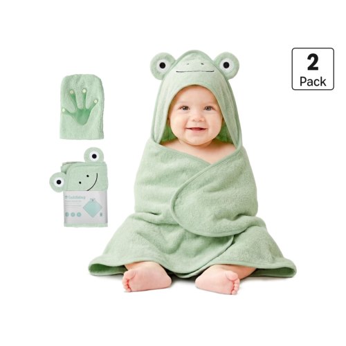 CuddleBug Hooded Baby Bath Towel & Washcloth Set (Bear) - 100% Cotton Terrycloth Hooded Baby Towels for Newborn & Toddler - Super-Soft & Absorbent, Newborn Essentials (33" x 33") - Sage Green