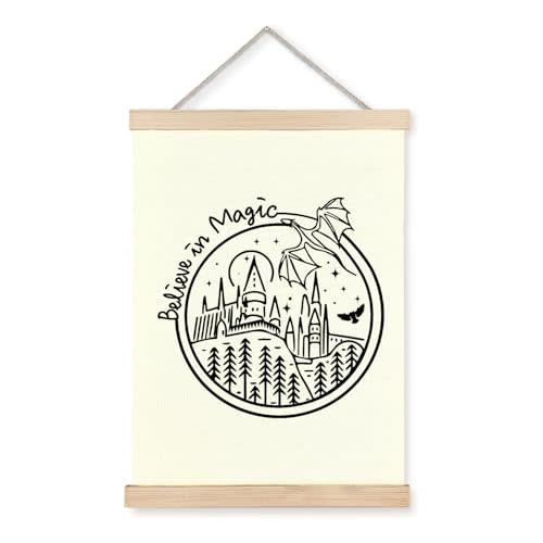 bitCNY Believe in Magic Fantasy Wall Art, Fantasy Room Decor, Dragon Castle Line Art Print for Kids Room, Whimsical Nursery Decor for Home Bedroom Living Room, 12x16 Inch