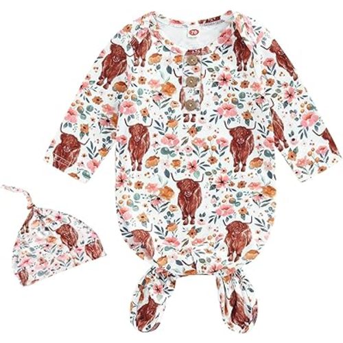 AMAWMW Newborn Baby Boys Girls Cartoon Sleeper Gown Long Sleeve Mountain Nightgown Hat Outfits