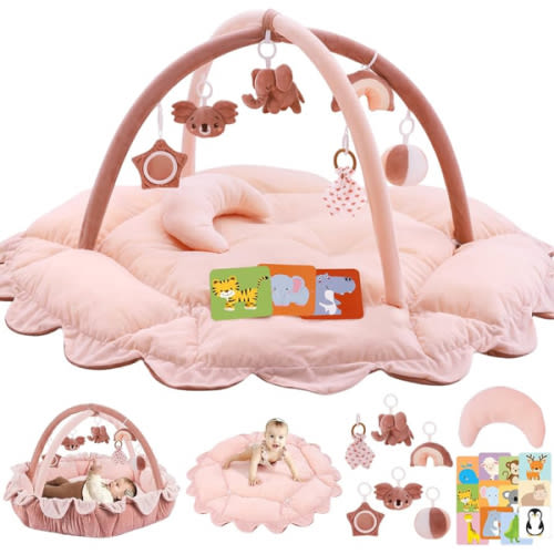 5-in-1 Plush Baby Play Gym, Activity Mat with Convertible Gym and Pillow, 6 Sensory Toys, Play Center from Newborn to Toddler, Pink
