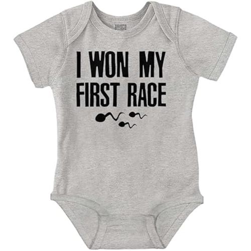 Brisco Brands Funny I Won My First Race Joke Baby Romper Boys or Girls