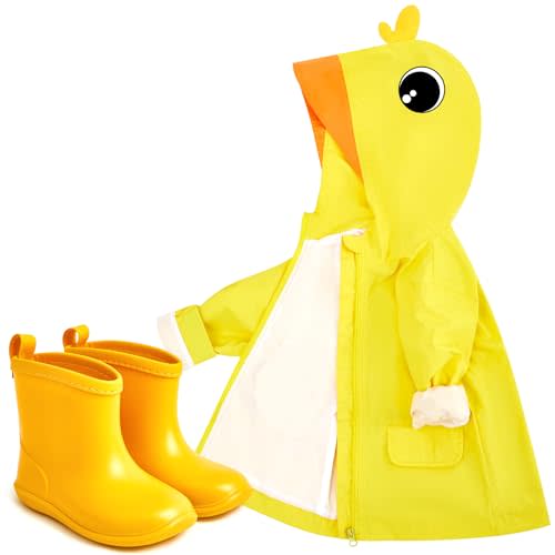 Twistover 2 Pcs Toddler Raincoat Rain Boots Set Kids Baby Cartoon Hoodie Zipper Jacket Short Rain Shoes for Little Boys Girls