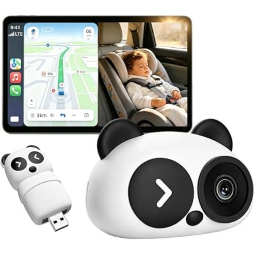 Wireless CarPlay Adapter with 1080P Rear Seat Camera, Split Screen Navigation, Dual WiFi, Plug-and-Play, for Parents and Pet Owners,