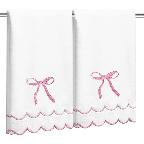 2 Pcs Coquette Bow Hand Towels 15.75 x 27.56 Inch Scalloped Embroidered Dish Towel 100% Cotton Cute Preppy Decorative Bath Hand Towel for Kitchen Bathroom (Pink)