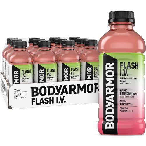 BODYARMOR Flash I.V. Strawberry Kiwi Electrolyte Sports Drink, 20 fl oz, 12 Pack Bottles