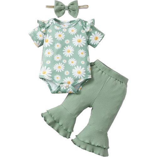 Baby Girl Clothes Newborn Outfits Ruffle Floral Romper Flared Pants 3Pcs for Infant 0 3 6 9 12 18 24 Months