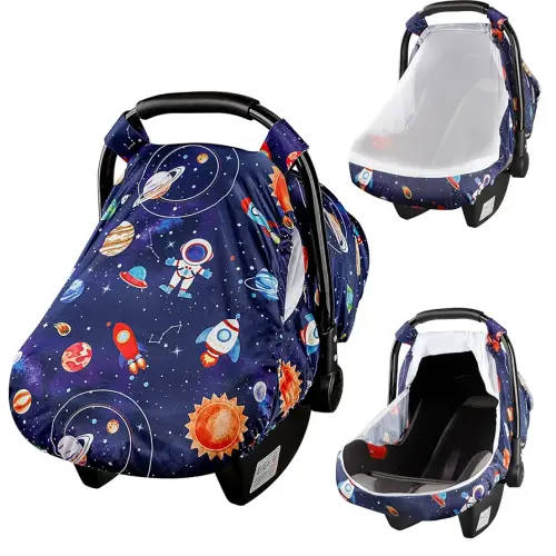 SWESEN Car Seat Covers for Babies, Carseat Cover Boy with Zipper, Cozy Sun & Summer Cover, Infant Car Seat Canopy, Carseat Privacy Cover with 2 Layers, Space Planet