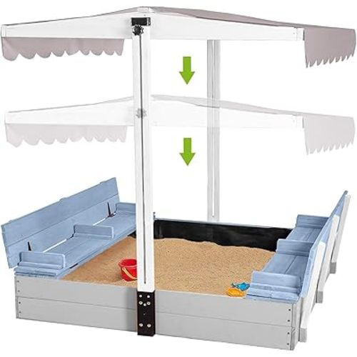 Kids Wooden Outdoor Sandbox w/Canopy, 2 Foldable Bench Seats, Retractable Roof Sand Protection Liner 47x47-Inch -Blue Color