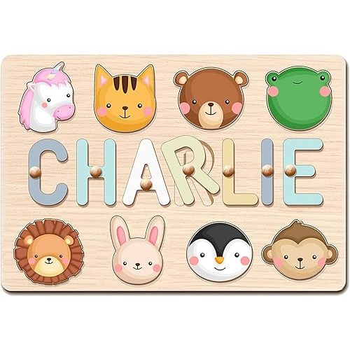 Name Puzzle for Kids Personalized, Wooden Name Puzzles for Toddlers 1-3, Engraved Text Greetings on Back, Custom Baby 1st Birthday Gifts for Girl&Boy, Kids Sensory Toys (Name Puzzle)