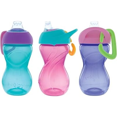 Nuby No-Spill Clik-It Soft Spout Sippy Cup with Carabiner Clip - (3-Pack) 10 oz - Baby Sippy Cup for 6+ Month Old with Easy Grip - Aqua/Pink/Purple