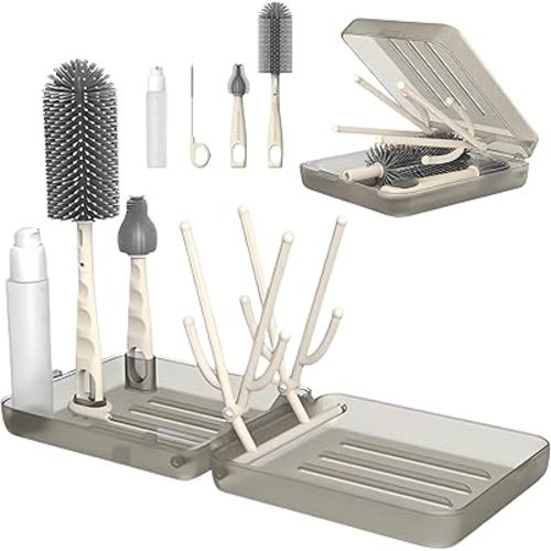 Bottle Brush Set Cleaner Silicone Brushes - Premium Food-Grade Silicone - Travel Friendly Portable Baby Bottle Cleaner Kit (Brown, Classic Style)