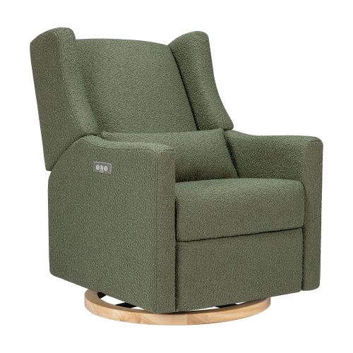 Babyletto Kiwi Electronic Swivel Glider Recliner, Boucle, Olive, Light Wood Base