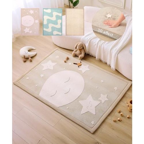 Hakuna Matte CloudRise Baby Play Mat for Floor 47" x 67" Moon & Stars – Coral Velvet Memory Foam Rug for Crawling & Cozy Play – Non-Slip, Water-Resistant, Easy-Care Tummy Time Mat, Playmat for Playpen