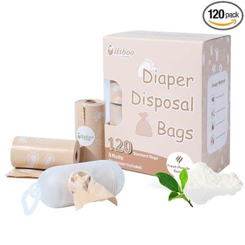 USBOO Disposable Diaper Bags for Baby | 8 Refill Rolls(120 Pack) Diaper Trash Bags with Dispenser | Leak Proof | Baby Poop Bag