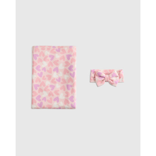 Bamboo Swaddle and Bow Set in Lavender Hearts