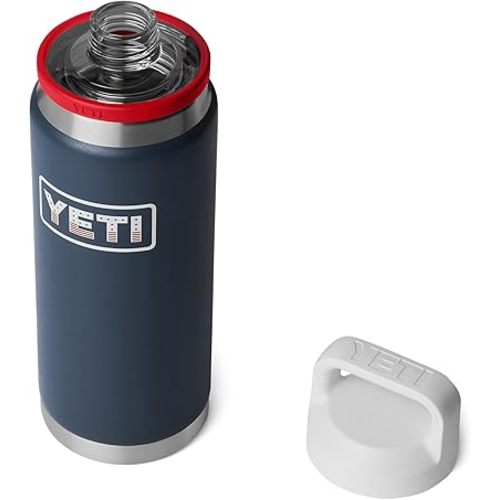 YETI Rambler 26 oz Bottle, Leakproof, Vacuum Insulated, Stainless Steel with Chug Cap, Navy/Rescue Red/White/Badge