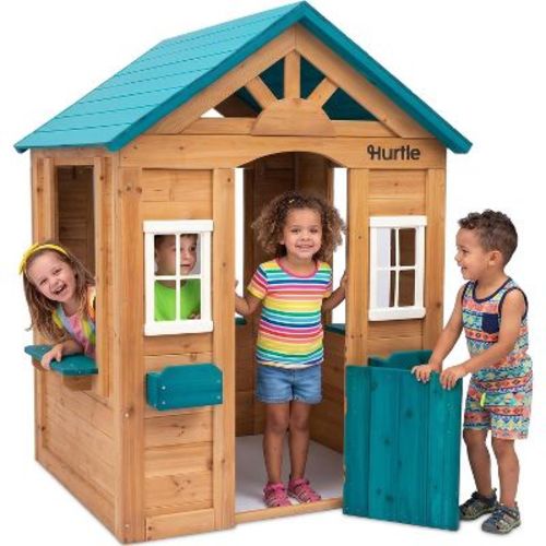 Hurtle Wooden Outdoor Playhouse with Snack Window, Flower Box & Wide Windows, Backyard Play House