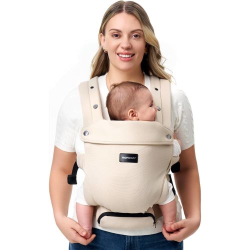 Momcozy Newborn Baby Carrier - Ergonomic, Cozy and Lightweight Carrier for 7-24lbs, Adjustable Neck Support with Sunshield, Breathable Airmesh Perfect for Summer Outing, Khaki