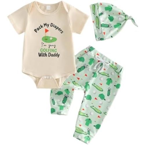 Sasaerucure Newborn Baby Boy Clothes Golf Summer Outfit Letter Print Short Sleeve Romper and Pants Hat 3Pcs Sets