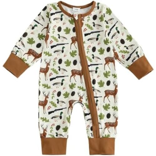 Baby Boy Hunting Clothes Reindeer Mallard Duck Print Long Sleeve Full Length Jumpsuit Romper Newborn Fall Outfit
