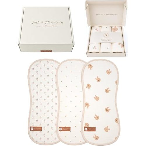 Jack & Jill & Baby Muslin Burp Cloths, 100% Cotton Muslin, 6-Layer Soft & Absorbent Baby Burp Cloths, Large Burping Cloths for Babies, Newborn Essentials, 3-Pack (Bunny Bloom)